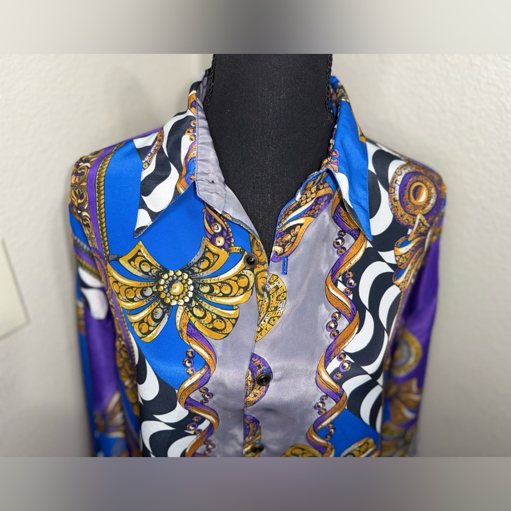 Vintage Sangi Baroque Print Shirt Blue Gold Versacecore Luxe Retro- Sz Medium - Picture 2 of 11